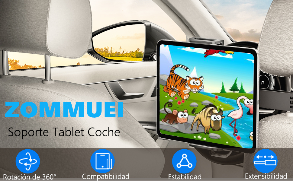 Zommuei Soporte Tablet Coche,Soporte Coche Reposacabezas - Soporte Extensible para Tablet