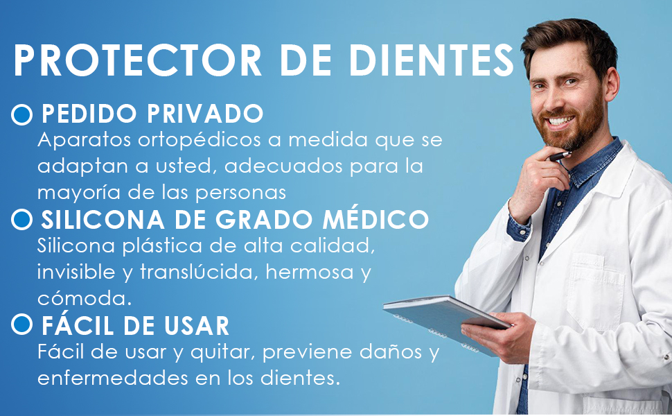 El texto dice «PROTECTOR DE DIENTES», «PEDIDO PRIVADO», «SILICONA DE GRADO MÉDICO», «FÁCIL DE USAR». Anuncio de productos dentales en español con beneficios para profesionales médicos y productos.