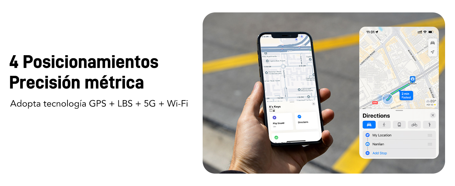 El texto dice «4 Posicionamientos Precisión métrica». Captura de pantalla de la interfaz del mapa de navegación del smartphone que muestra la funcionalidad de rastreo de ubicación por GPS.