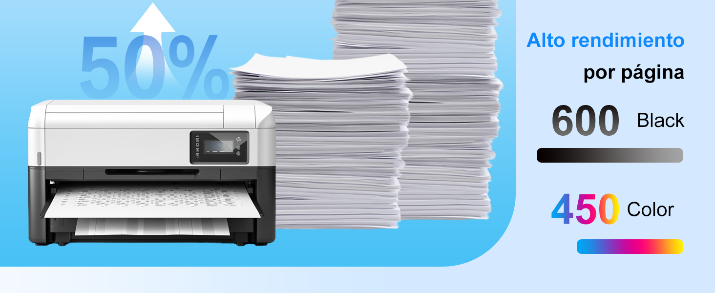 que muestra capacidades de alto rendimiento. Muestra un aumento del 50%, 600 páginas en negro y 450 en color por producción. Las pilas de papel ilustran el volumen. Texto en español