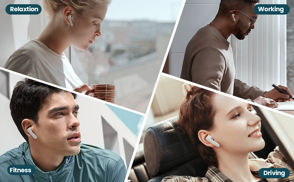 El texto dice «Relajación», «Actividad física», «Trabajo», «Conducción». Serie de imágenes sobre el uso de productos relacionados con el estilo de vida que muestran el uso de gafas inteligentes o de realidad aumentada en diferentes situaciones.