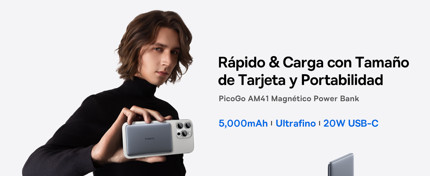 con una capacidad de 5000 mAh, carga USB-C de 20 W y formato del tamaño de una tarjeta de crédito. Persona que demuestra su tamaño compacto al sostener