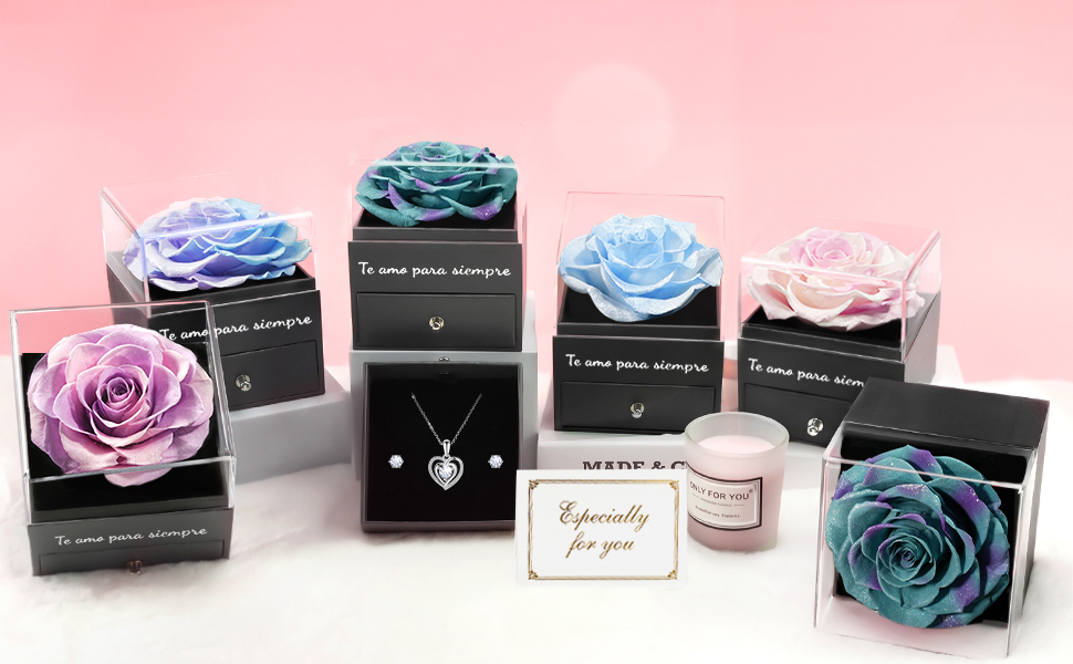 Rosa Real Eterna,Rosa Eterna Flores Preservadas con Collar y pendientes de Corazón Plata de Ley 925
