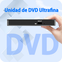 Unidad de DVD delgada y negra que se sostiene sobre un fondo azul con una superposición de texto en forma de «DVD»
