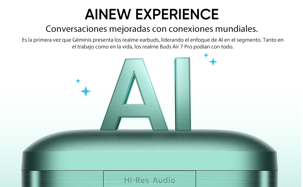 Diseño gráfico «IA» de color verde azulado con efectos de destellos y texto en español sobre conversaciones multilingües.