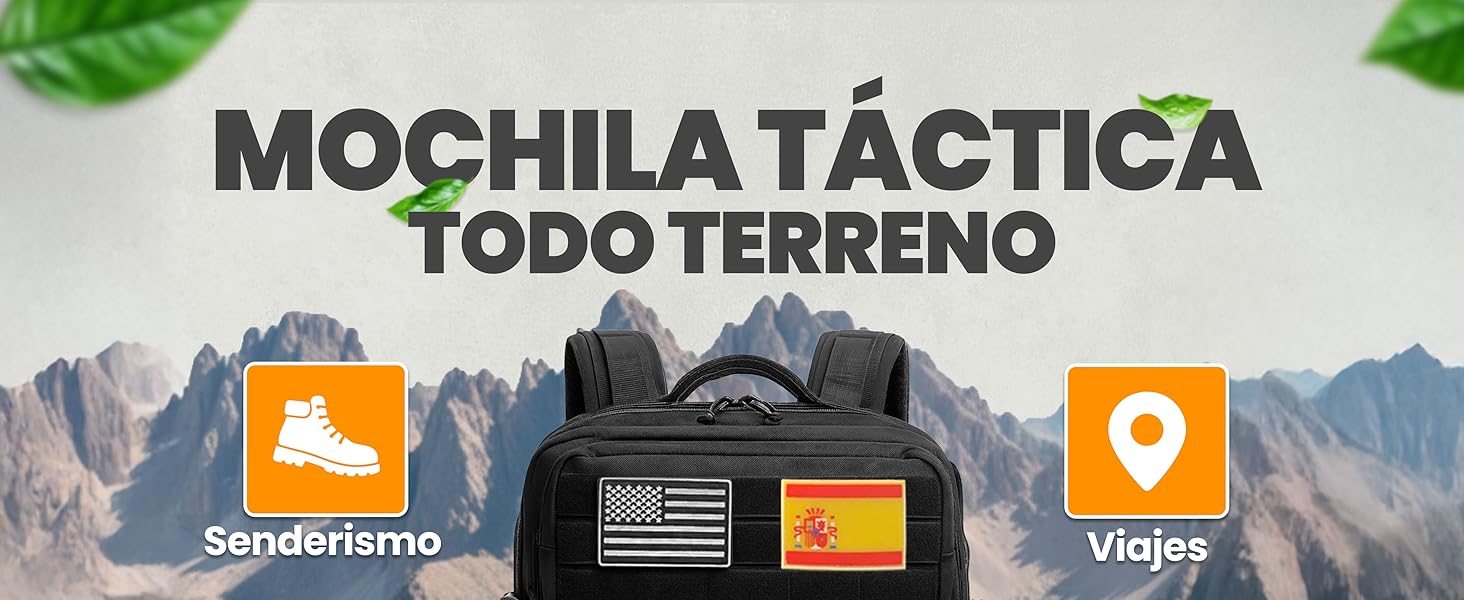 El texto dice «MOCHILA TÁCTICA», «TODO TERRENO», «Senderismo», «Viajes». Fondo de paisaje montañoso con iconos de navegación y superposiciones de texto en español.