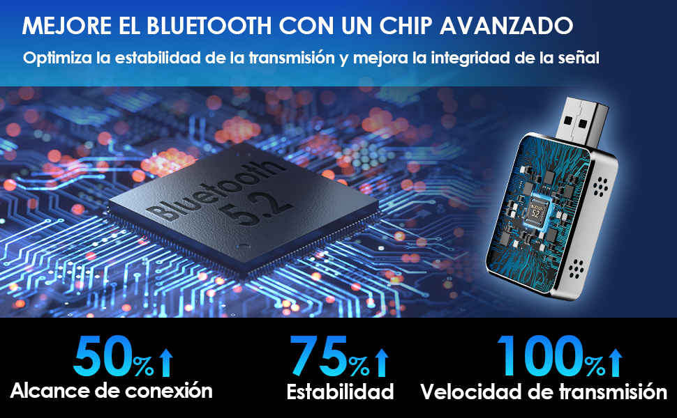 Chip Bluetooth y adaptador USB en el fondo de la placa de circuito. El texto destaca la mejora del rango de conexión, la estabilidad y la velocidad de transmisión. El texto en español describe un chip avanzado para optimizar el rendimiento de Bluetooth.