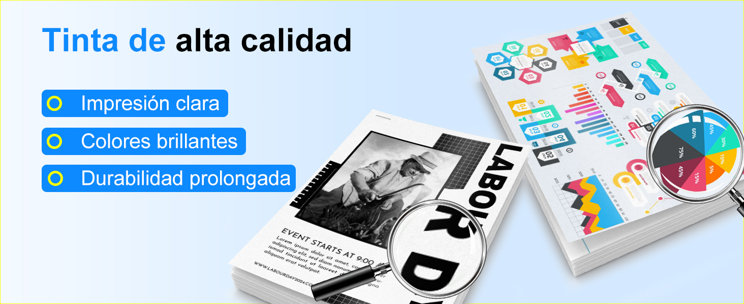 Materiales impresos con tinta de alta calidad: un libro colorido con infografías, una revista en blanco y negro y una tarjeta de presentación. El texto destaca la impresión nítida, los colores brillantes y la durabilidad prolongada