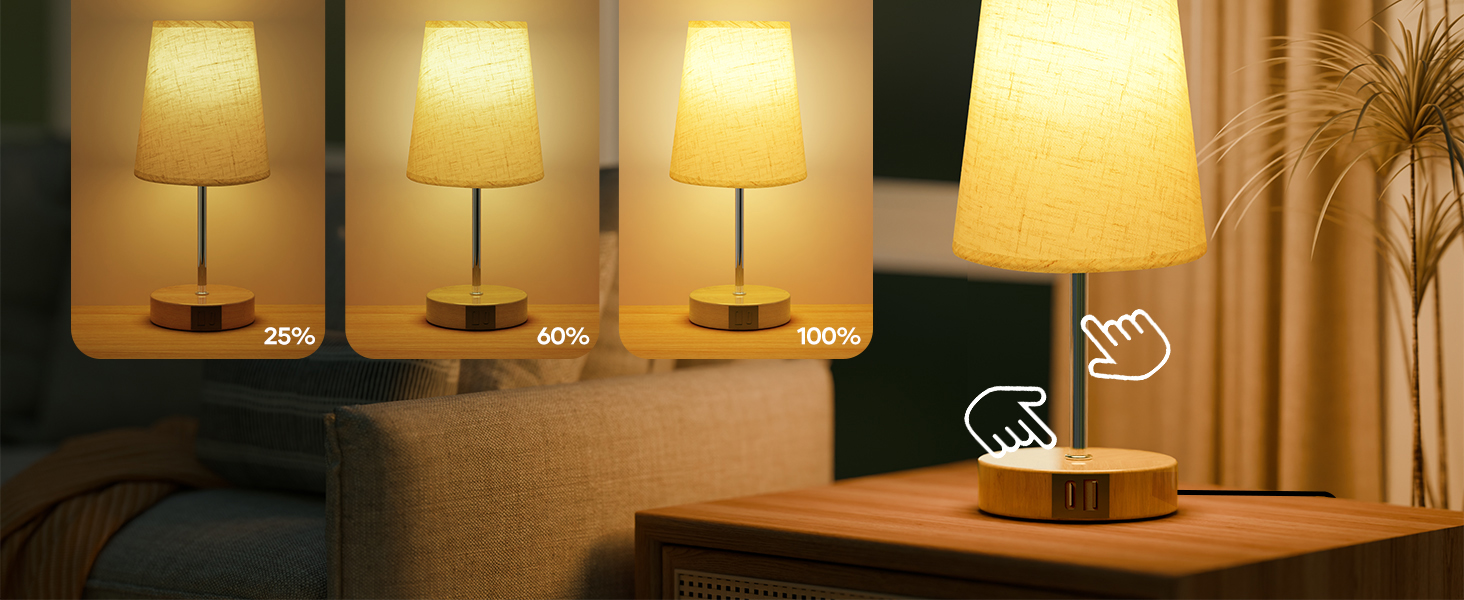 Serie de lámparas de mesa minimalistas con tonos cálidos y brillantes dispuestas en secuencia, que muestran la progresión de la intensidad de la luz sobre un fondo de pared neutro.