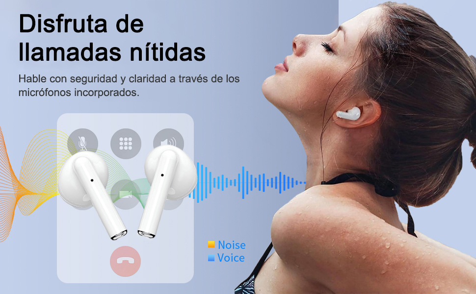 El texto dice «Disfruta de llamadas nítidas». La interfaz de la aplicación de comunicación muestra las formas de onda de audio, los iconos de llamadas y los elementos de la interfaz en tonos azules.