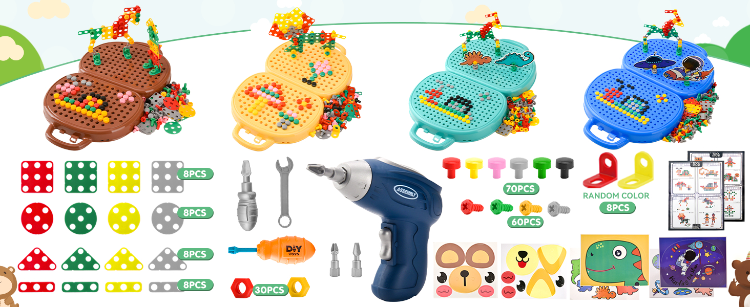 Magic Montessori Play Toolbox Creative Mosaic Puzzle Toy with Drill Screw Tool Set