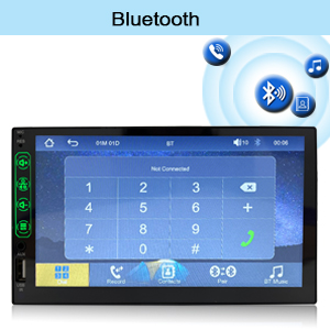 para automóvil con una gran pantalla táctil que muestra la interfaz de marcado del teléfono. Los iconos de conectividad Bluetooth están visibles e indican la funcionalidad inalámbrica.