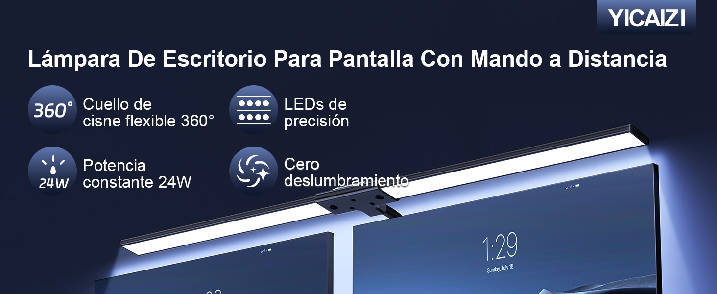 El texto dice «Lámpara De Escritorio Para Pantalla Con Mando a Distancia», «360° Grado de inclinación», «LEDs de precisión», «Potencia constante 24 W», «Ultra resplandeciente». Exhibición de productos de lámpara de escritorio ajustable.