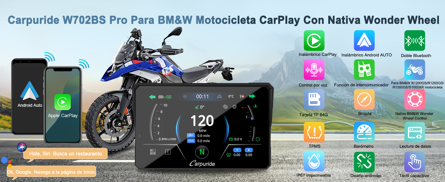 Carpuride W702 Pantalla Carplay Inalámbrica para Moto