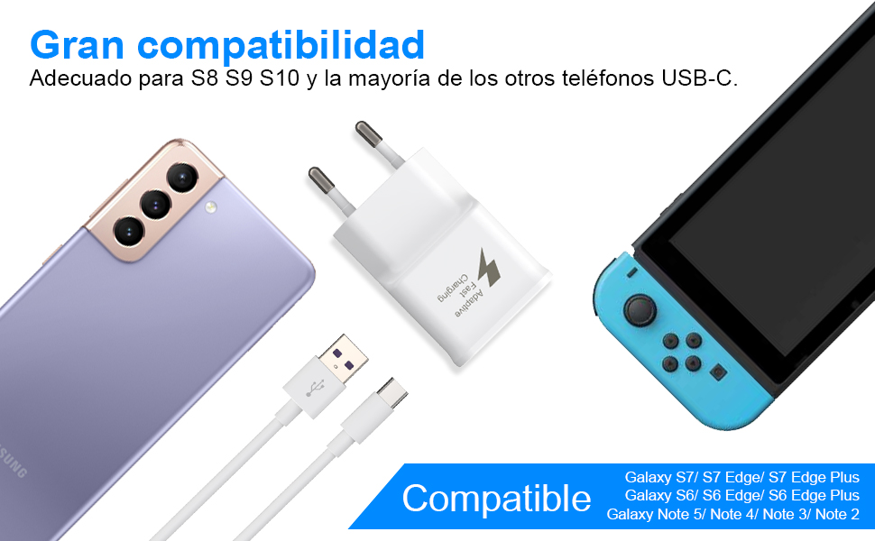 de compatibilidad de cargadores USB-C con varios dispositivos: teléfonos inteligentes, adaptadores de carga y consola de juegos. El texto indica la compatibilidad con los teléfonos Samsung S9, S10 y otros teléfonos USB-C