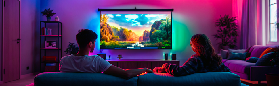 Interior de la habitación con iluminación ambiental LED que crea efectos de color púrpura y rosa alrededor de la configuración de un televisor o monitor, que se muestra desde varios ángulos.