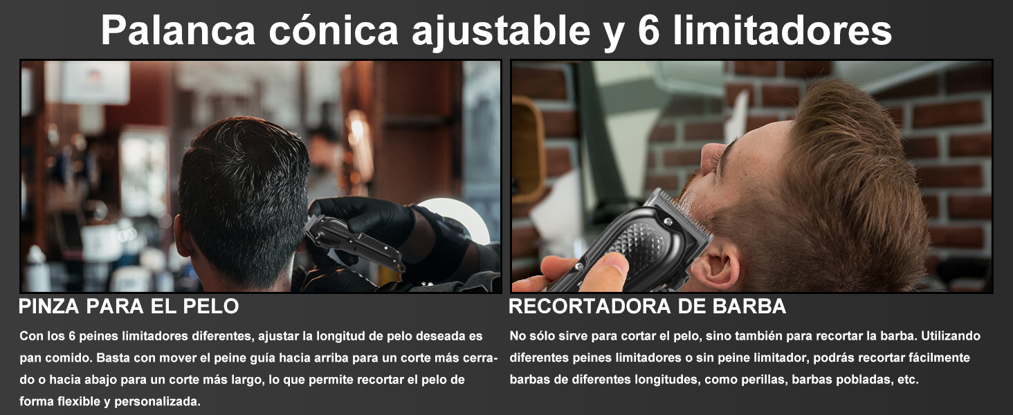 Palanca cónica ajustable y 6 limitadores,PINZA PARA EL PELO,RECORTADORA DE BARBA