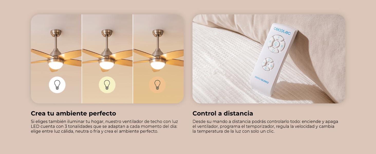 ventilador de techo con luz led ventiladores lampara aspas silencioso dormitorio Cecotec ceiling fan