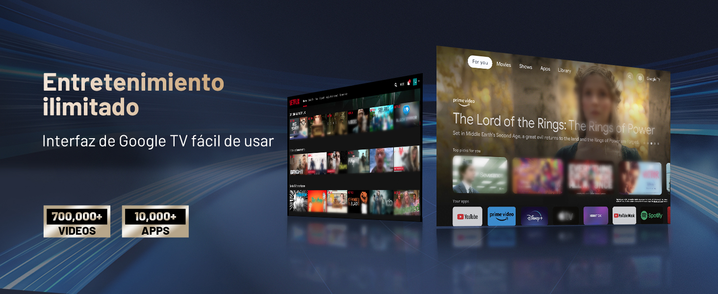 La interfaz del servicio de streaming «Entretenimiento ilimitado» muestra varios paneles de contenido de entretenimiento en modo oscuro.