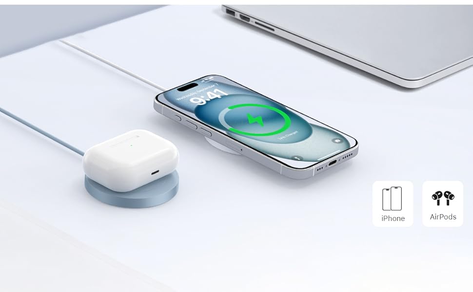 Serie de imágenes de productos que muestran un dispositivo de carga inalámbrica blanco con teléfonos que muestran la funcionalidad de carga inalámbrica. Muestra el dispositivo desde varios ángulos con un indicador de carga brillante.
