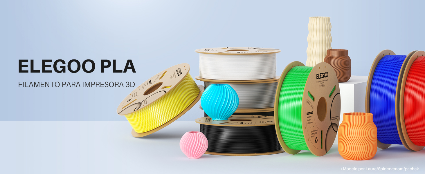 de coloridas bobinas de filamento para impresoras 3D en varios colores, incluidos amarillo, azul, rojo y verde, que se muestran sobre un fondo claro con el texto ELEGOO PLA