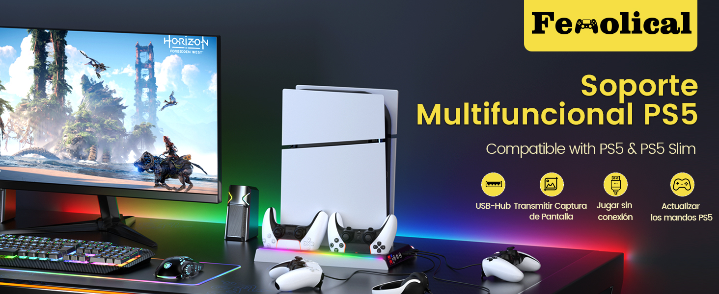 con capacidad de refrigeración y carga del mando. Compatible con PS5 y PS5 Slim. Se presenta en la configuración de juegos con