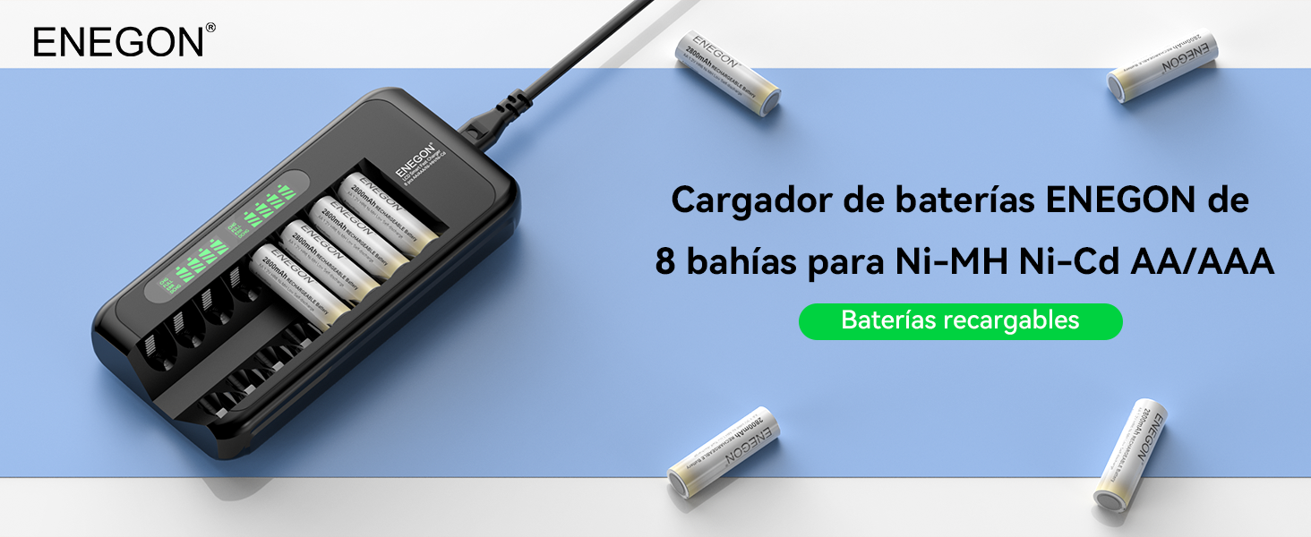 Texto: «ENELOOP battery charger of 8 slots for Ni-MH/Ni-CD AAA/AA». Se muestra un cargador de baterías negro con 8 ranuras.