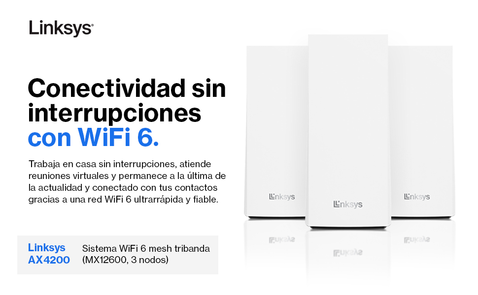 Nodos Linksys sobre un fondo blanco. Características: teletrabajo, velocidad WiFi 6, cobertura.