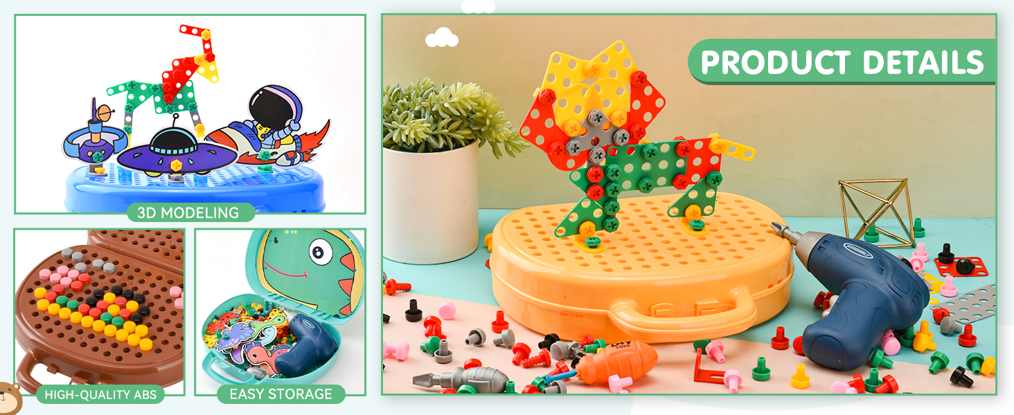 Magic Montessori Play Toolbox Creative Mosaic Puzzle Toy with Drill Screw Tool Set