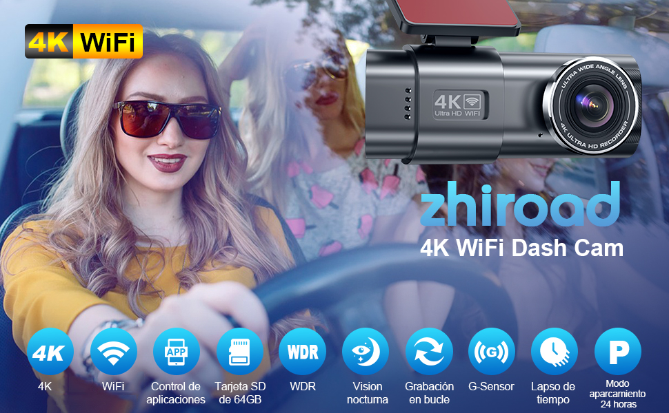 de Hiroad WiFi Dash Cam que muestra las funciones del dispositivo, incluida la conectividad WiFi y la resolución 4K, con los iconos de la interfaz a continuación