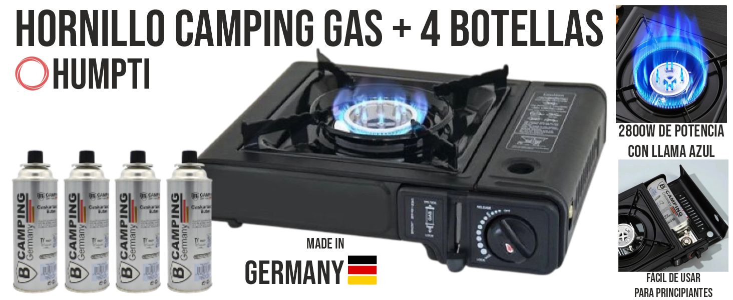 con un solo quemador, llama azul y cuatro bombonas de gas. Las características incluyen un control de llama ajustable y un diseño compacto para uso en exteriores