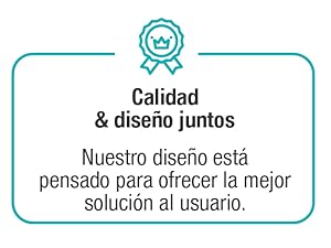 Gráfico con un icono de cinta turquesa y texto en español sobre calidad y diseño, que indica que el diseño ofrece la mejor solución para los usuarios.