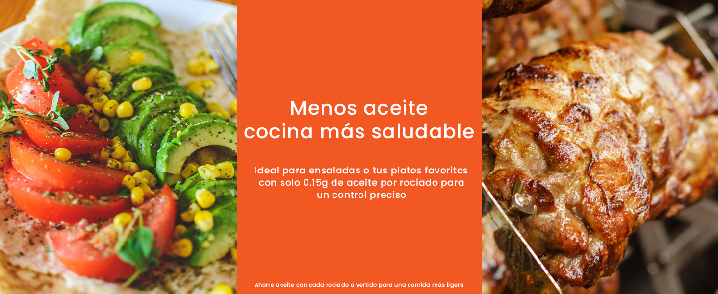 que muestra ensalada de verduras frescas con aguacate a la izquierda y carne a la parrilla a la derecha, con panel de texto naranja en el centro.