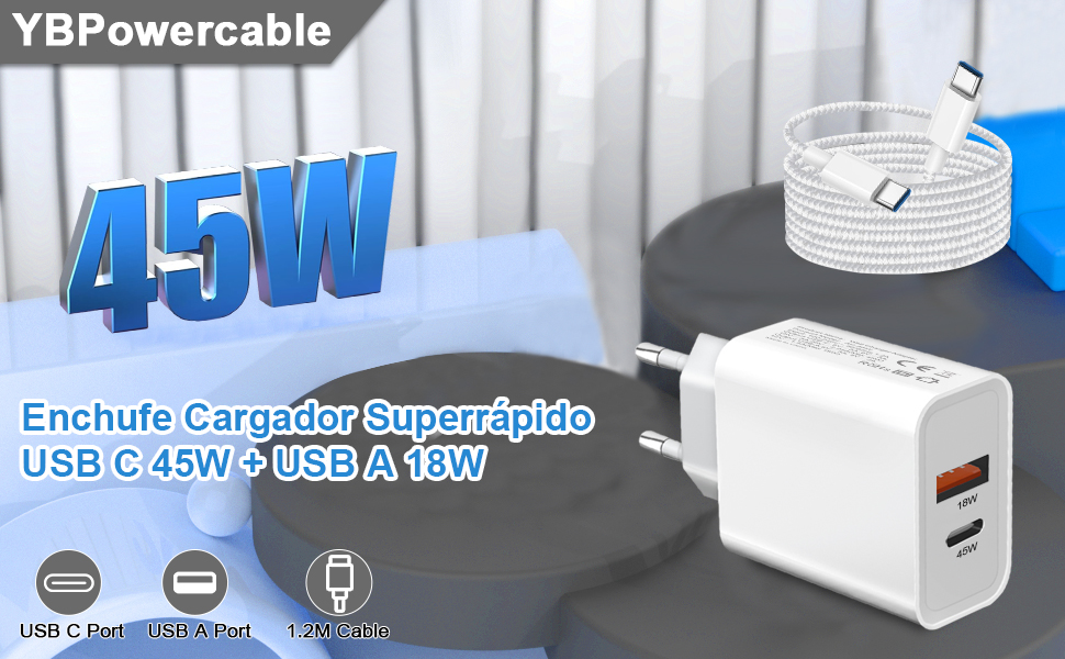 Cargador USB C 45W & USB A 18W con Cable USB C a USB C
