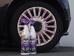 Dos botellas de V60 Sport con una llanta de coche detrás
