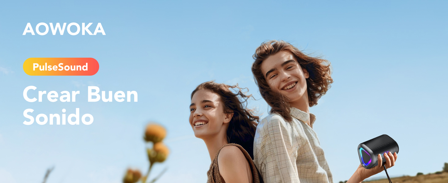 El texto dice: «AOWOKA», «Crear Buen Sonido». Imágenes de marketing que muestran equipos de audio y escenas al aire libre con personas disfrutando de la música.