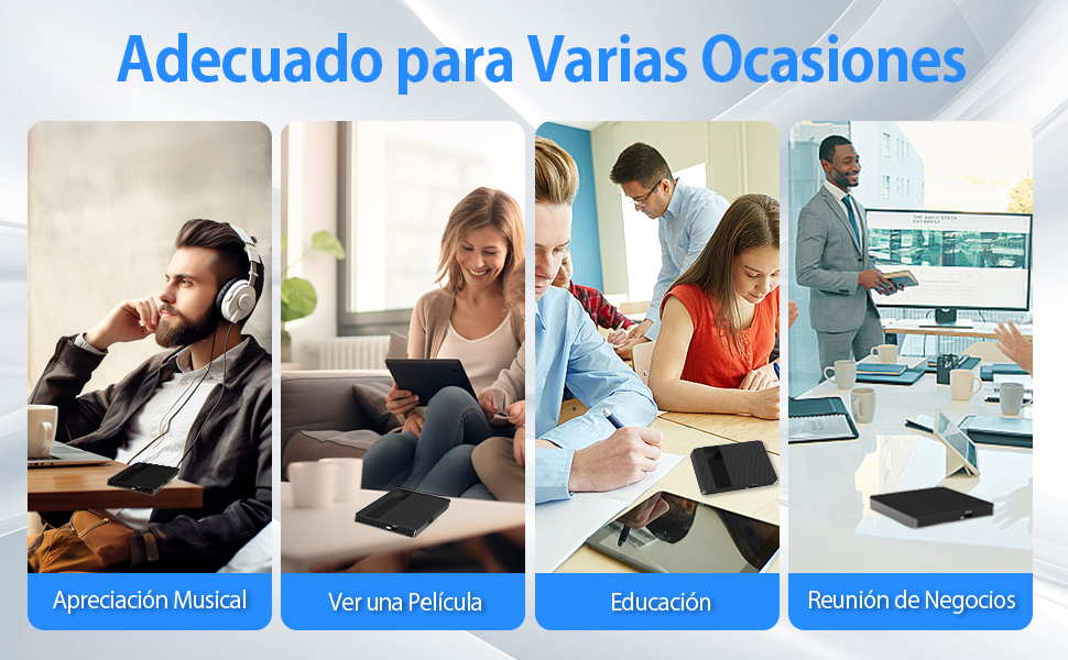Imagen de cuatro paneles que muestra los diversos usos de un producto: apreciar la música, ver una película, educación y reuniones de negocios. Texto «Adecuado para Varias Ocasiones