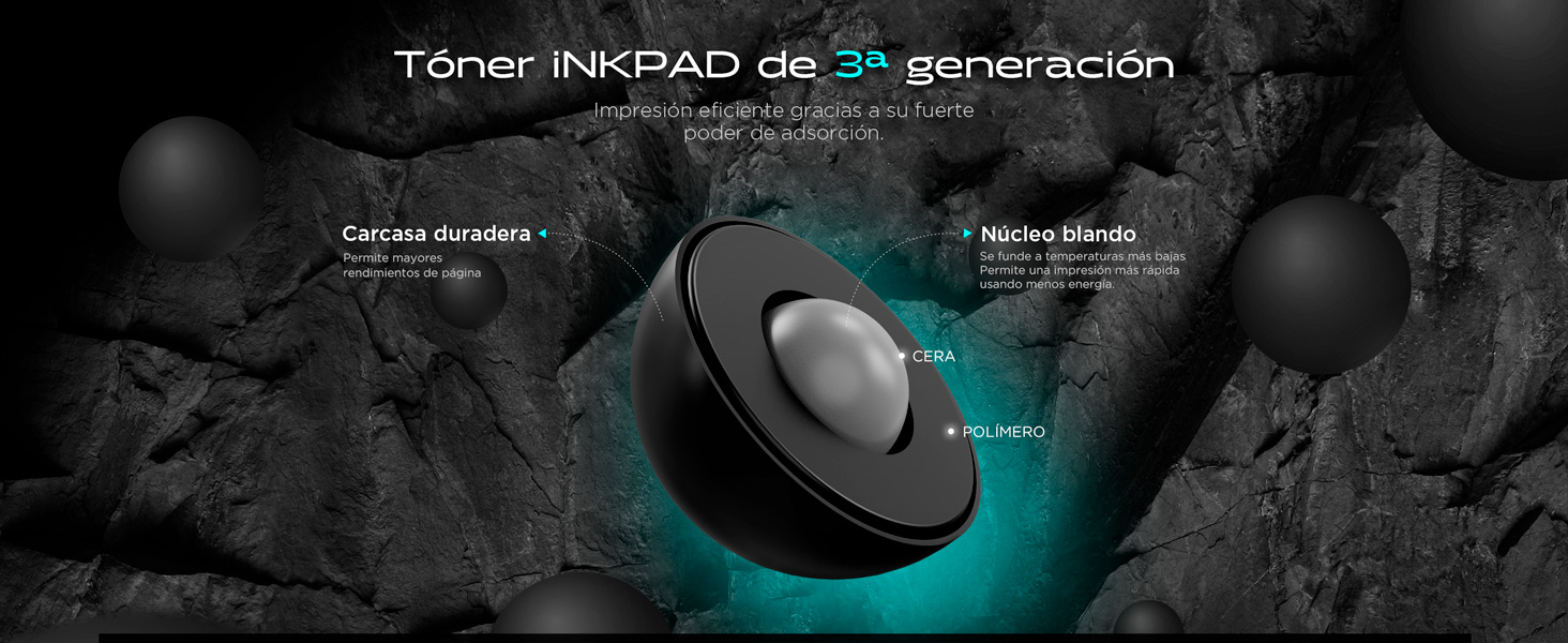 Imagen promocional negra que muestra un dispositivo de almohadilla de tinta con iluminación turquesa sobre un fondo oscuro texturizado, etiquetado como tecnología de «tercera generación