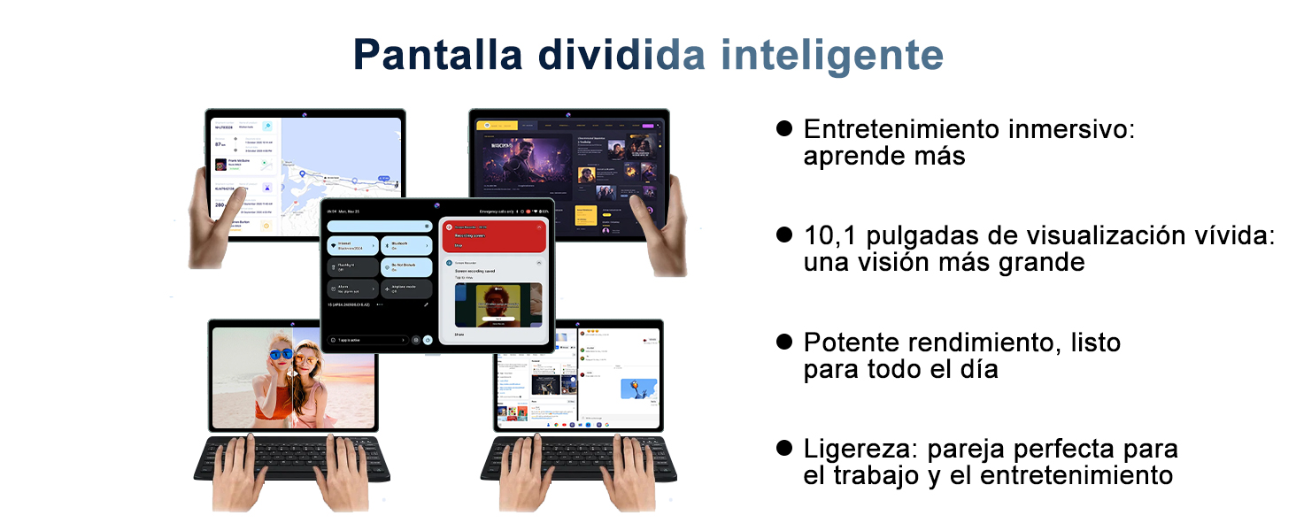 Múltiples dispositivos electrónicos que muestran diversas aplicaciones y contenidos. Se muestran computadoras portátiles, tabletas y teléfonos inteligentes en uso, que muestran contenido de pantalla diverso y multitarea
