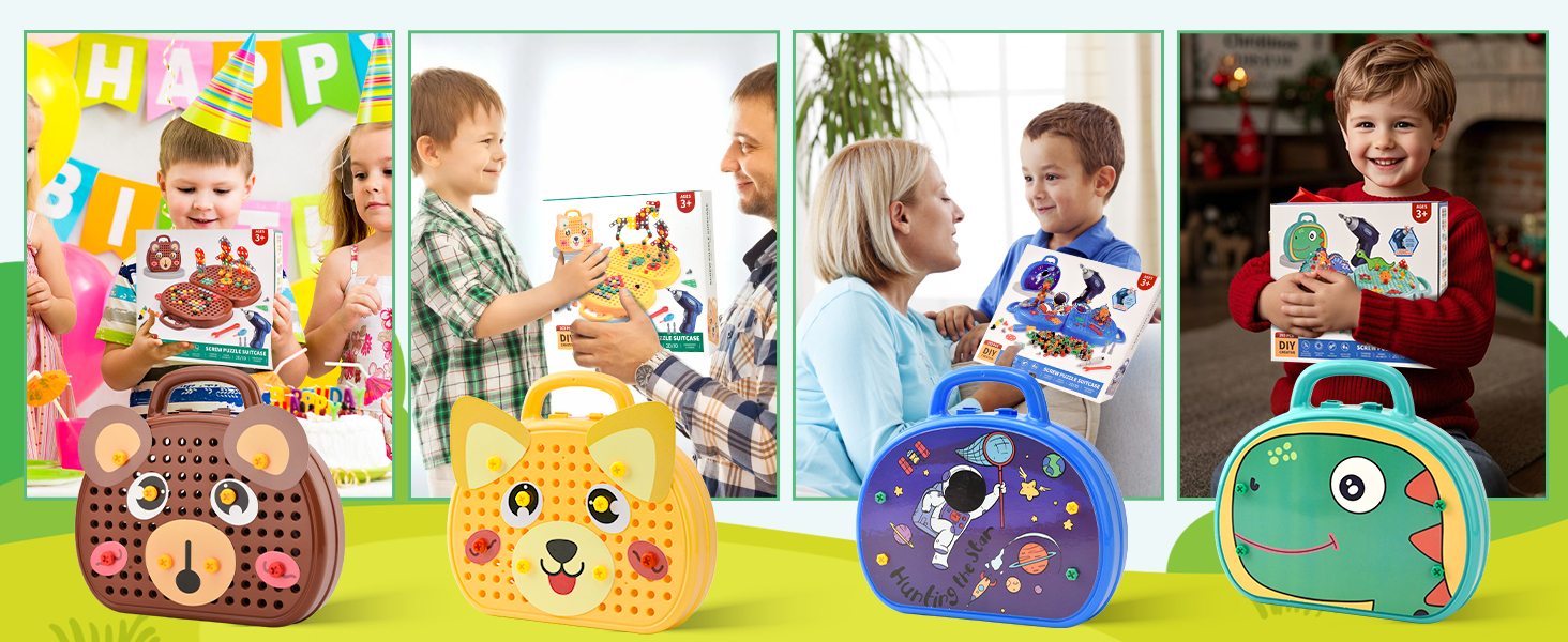 Magic Montessori Play Toolbox Creative Mosaic Puzzle Toy with Drill Screw Tool Set