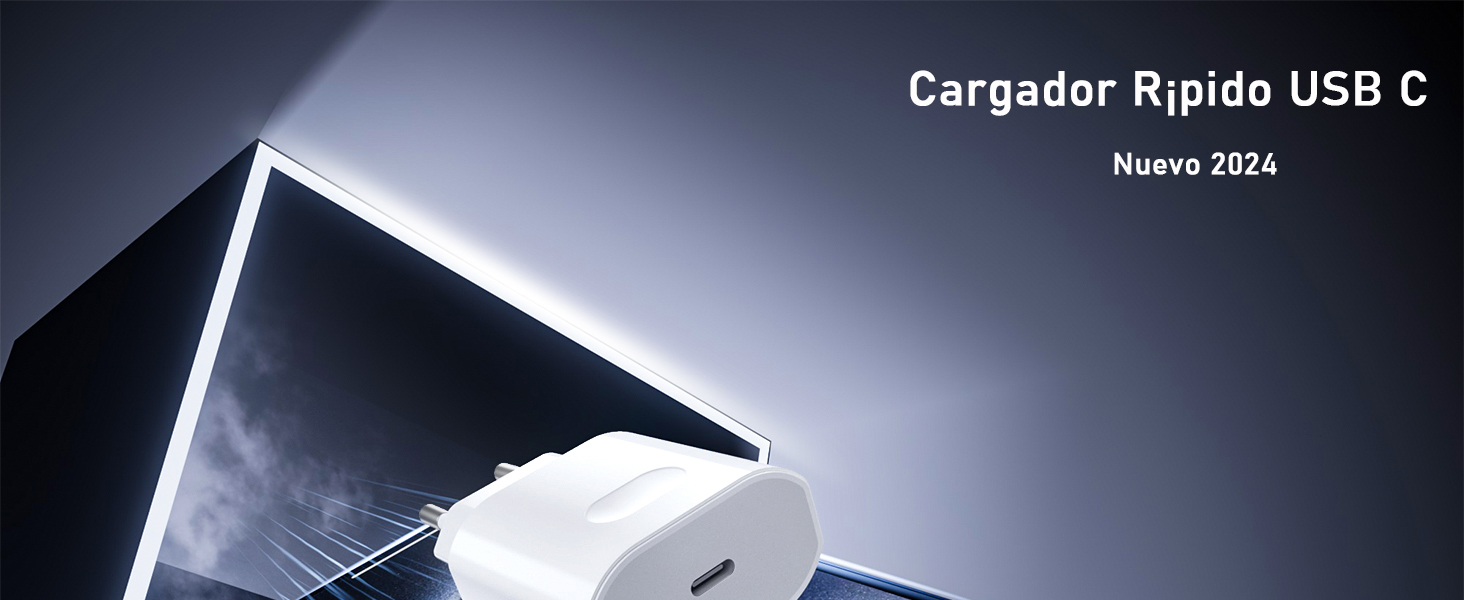 se muestra con una iluminación espectacular sobre un fondo oscuro, con el texto «Cargador Rápido USB C