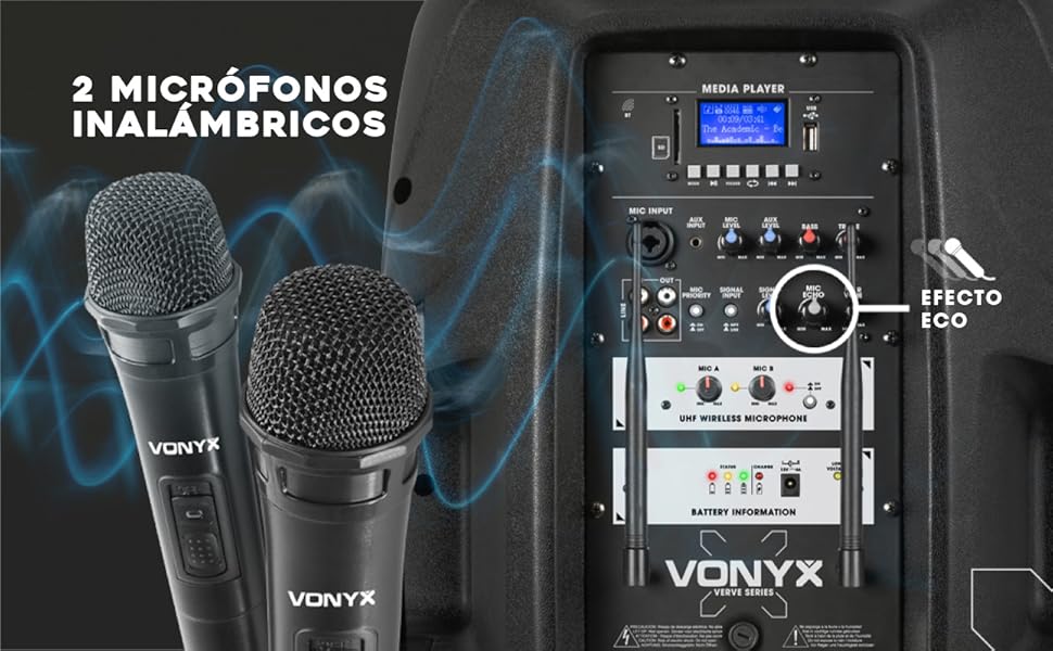 Vonyx Altavoz grande con micrófonos inalámbricos efecto eco karaoke