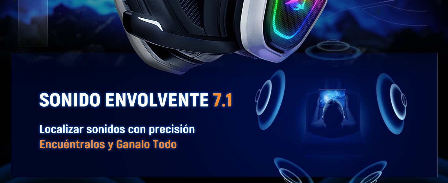de auriculares para juegos que destaca la tecnología de sonido envolvente 7.1 con efectos de iluminación azul y texto en español.