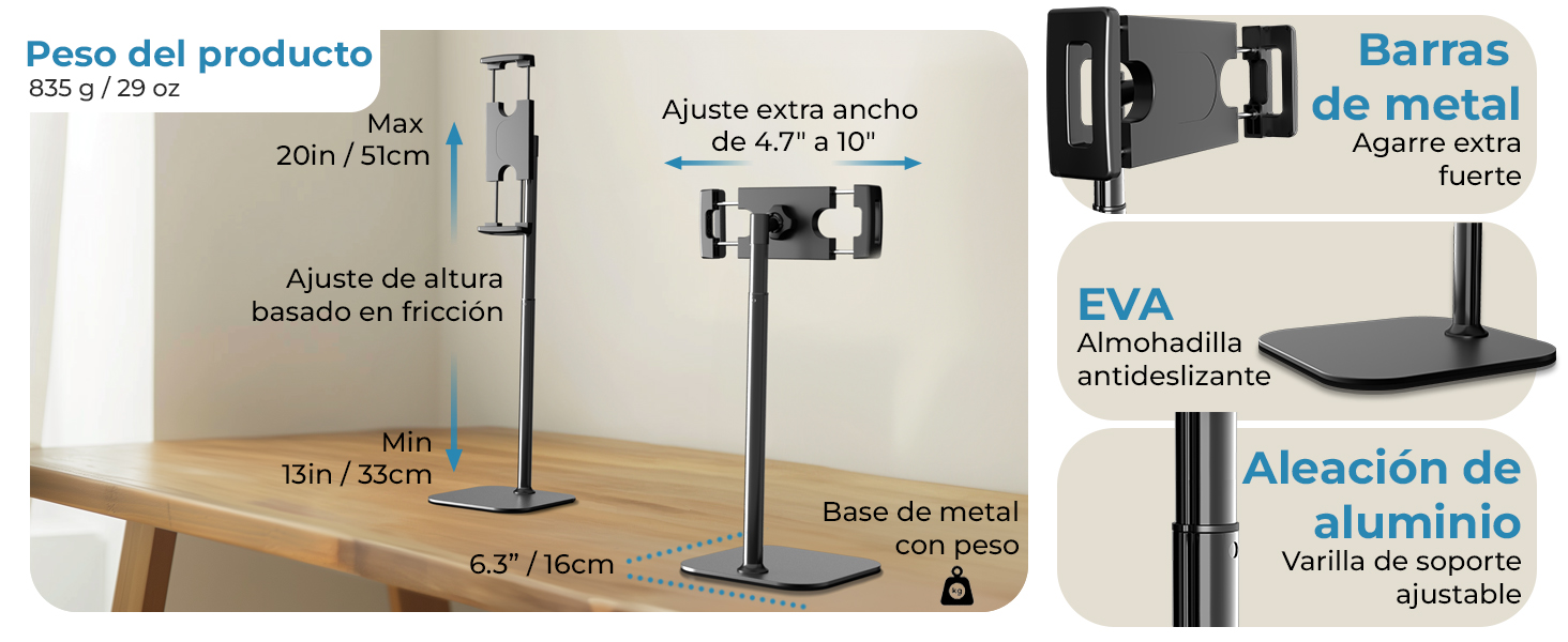 Accesorios duraderos para iPad Air soportes ajustables con base EVA y varillas metálicas resistentes