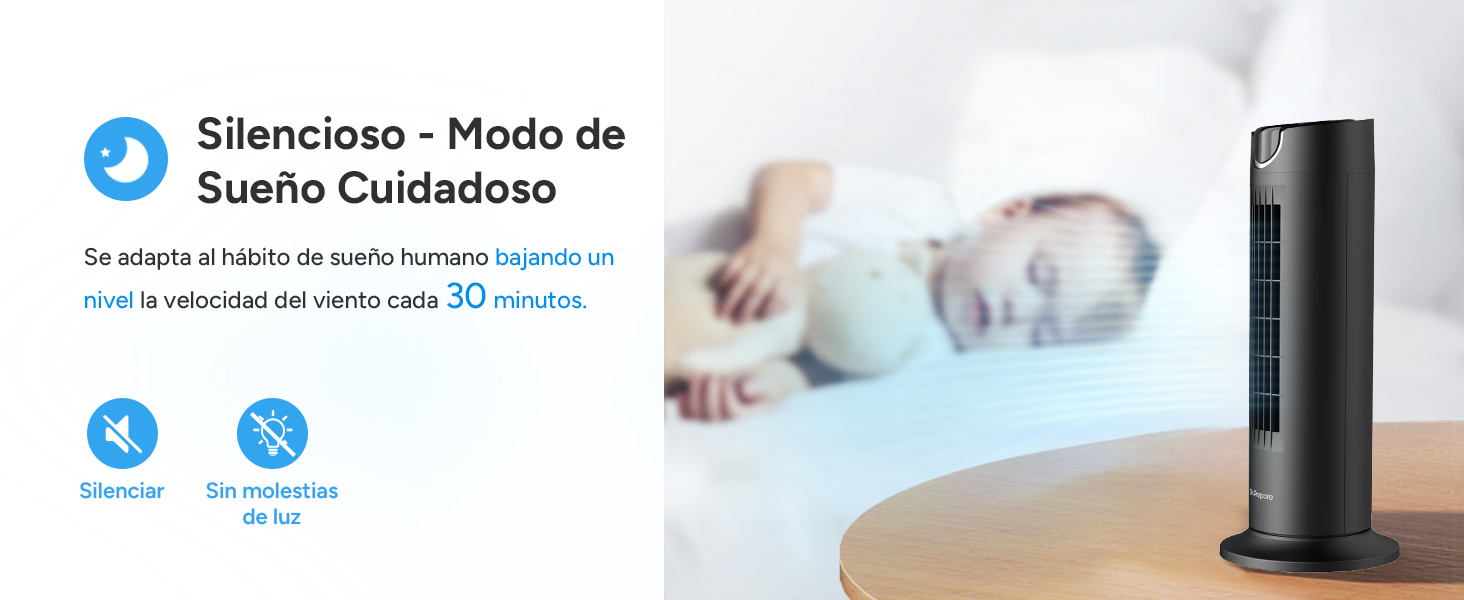 negro sobre superficie de madera. El texto indica el modo de funcionamiento silencioso para dormir, con iconos para reducir el sonido y un temporizador de 30 minutos.