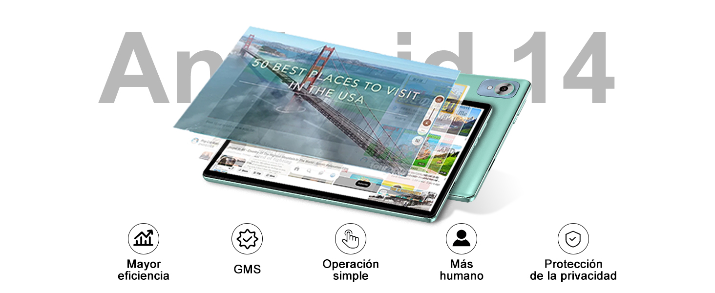 con pantalla plegable, que muestra la imagen del puente. Los iconos que aparecen a continuación indican las siguientes características: IA, 5G, funcionamiento sencillo, centrado en el ser humano y protección de la privacidad