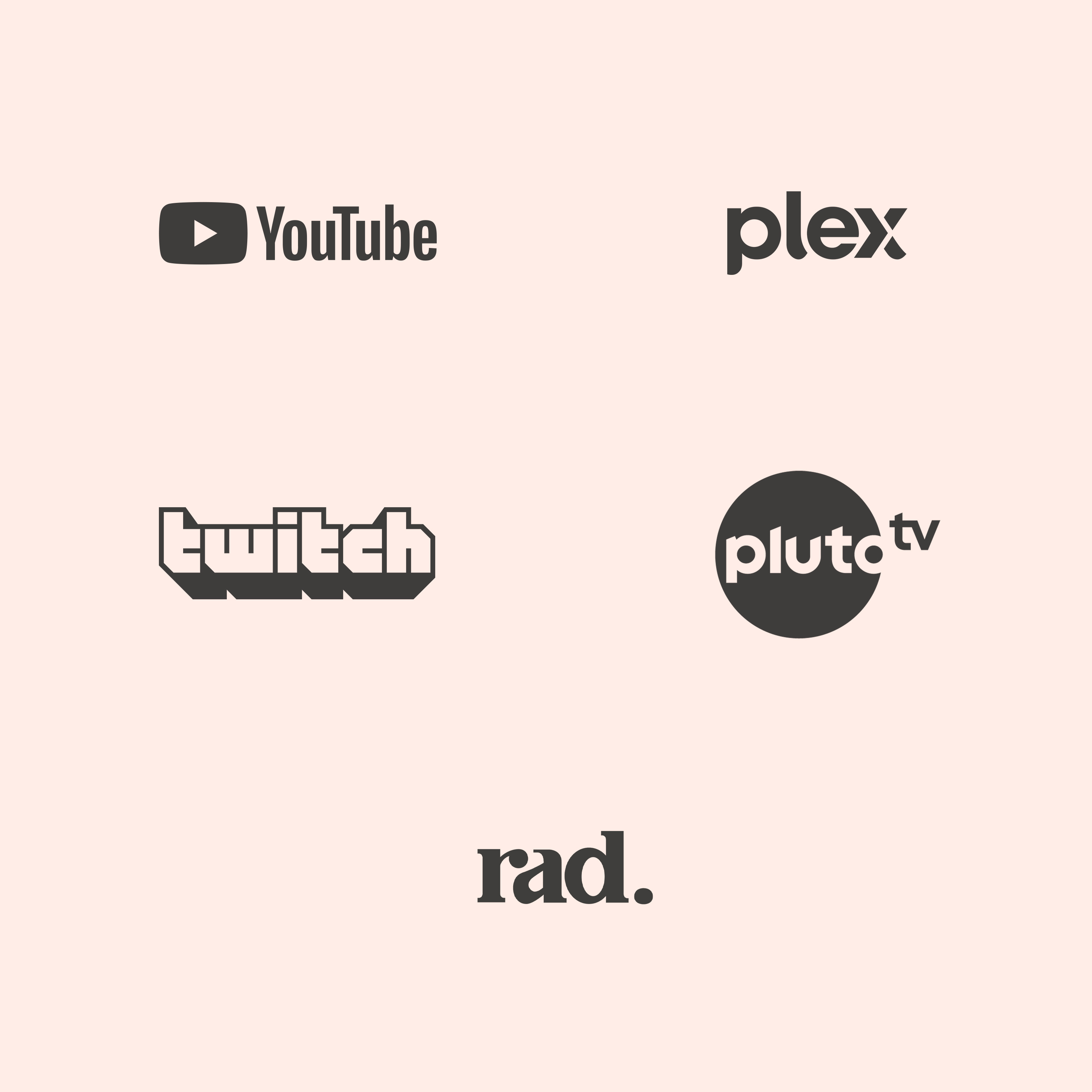 Logos de plataformas de streaming de TV sobre un fondo rosa. Logos de apps de streaming: canales de Fire TV, Twitch, YouTube, Tubi y Pluto TV.