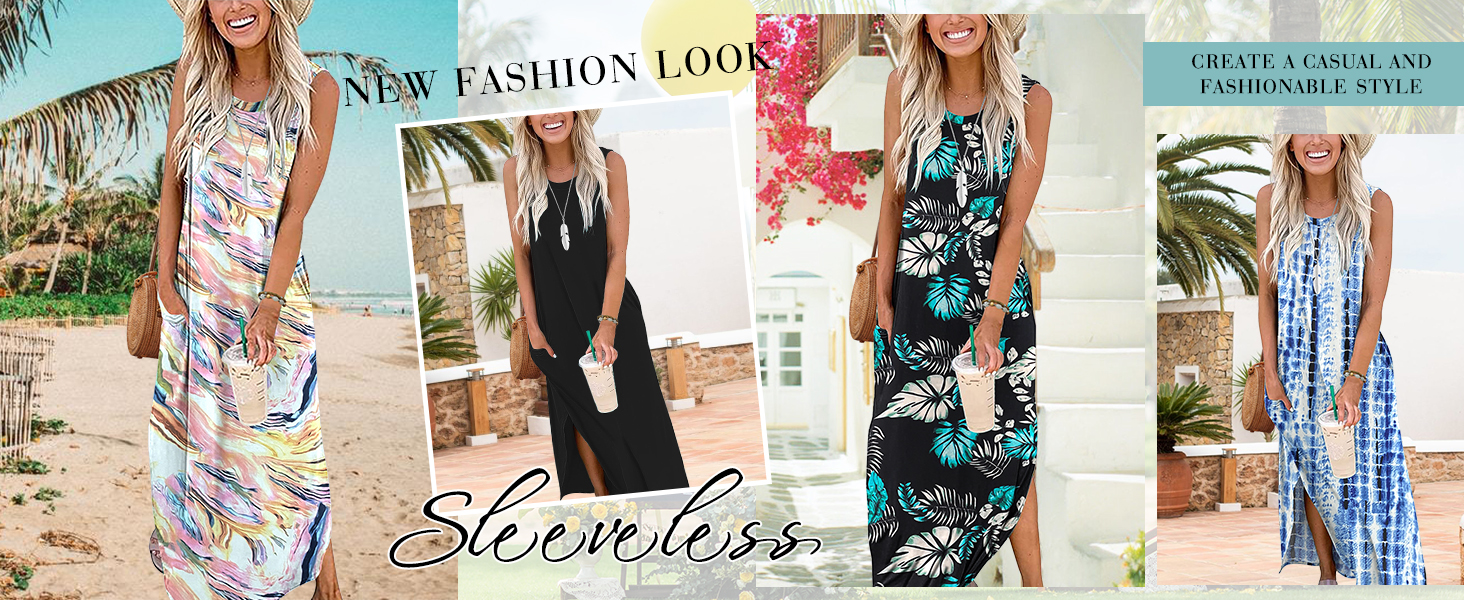 Maxi Vestido Largos Sin Mangas Informal Vestido de Playa con Bolsillos