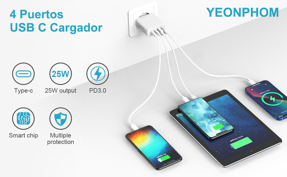 YEONPHOM 4 Puertos USB C Cargador