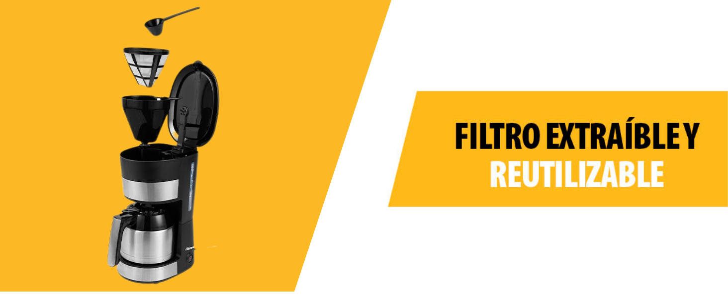 Énfasis en el filtro extraíble y reutilizable de la cafetera